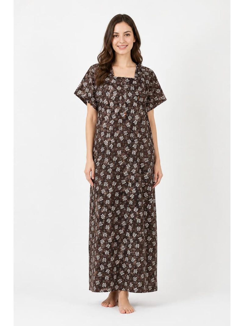 Women Cotton Nighty, Zipper, Brown