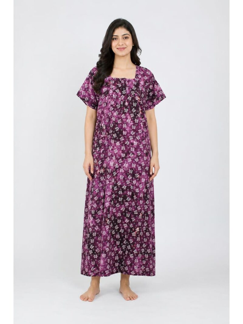 WN-TWIN ROSES-80-FH-XXL-04-F_front Women Cotton Nighty, Zipper, Fuchsia