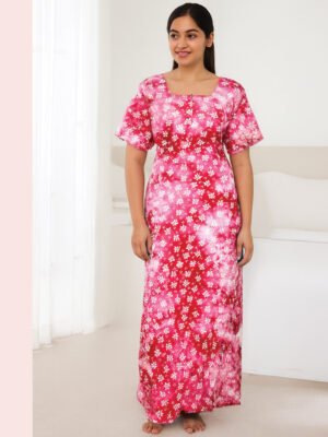 Women Cotton Nighty ,Zipper, Hot Pink