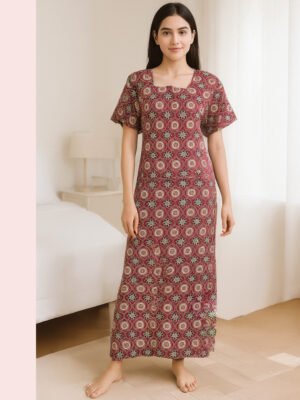 Women Printed Cotton Nighty ,Zipper, Maroon