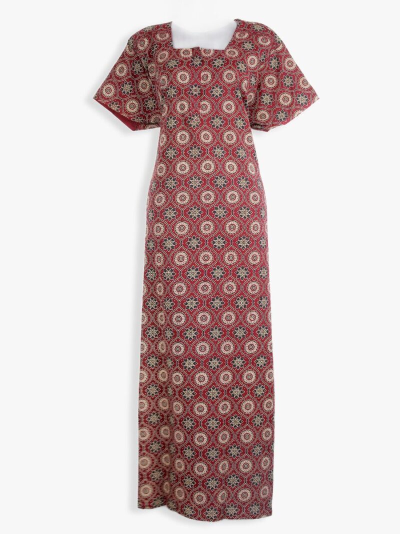 Women Printed Cotton Nighty ,Zipper, Maroon