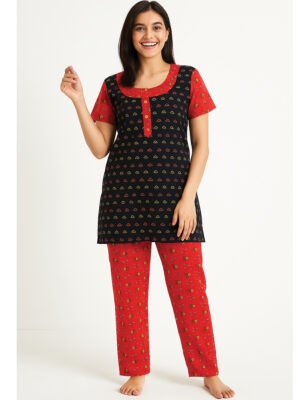 Women Cotton Night Suit, Dotted Print, Black