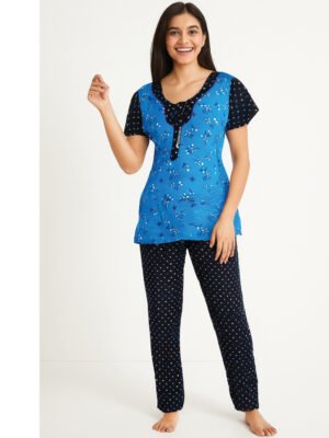 Women Cotton Night Suit, Dotted Print, Blue