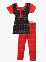 Women Cotton Night Suit, Dotted Print, Black
