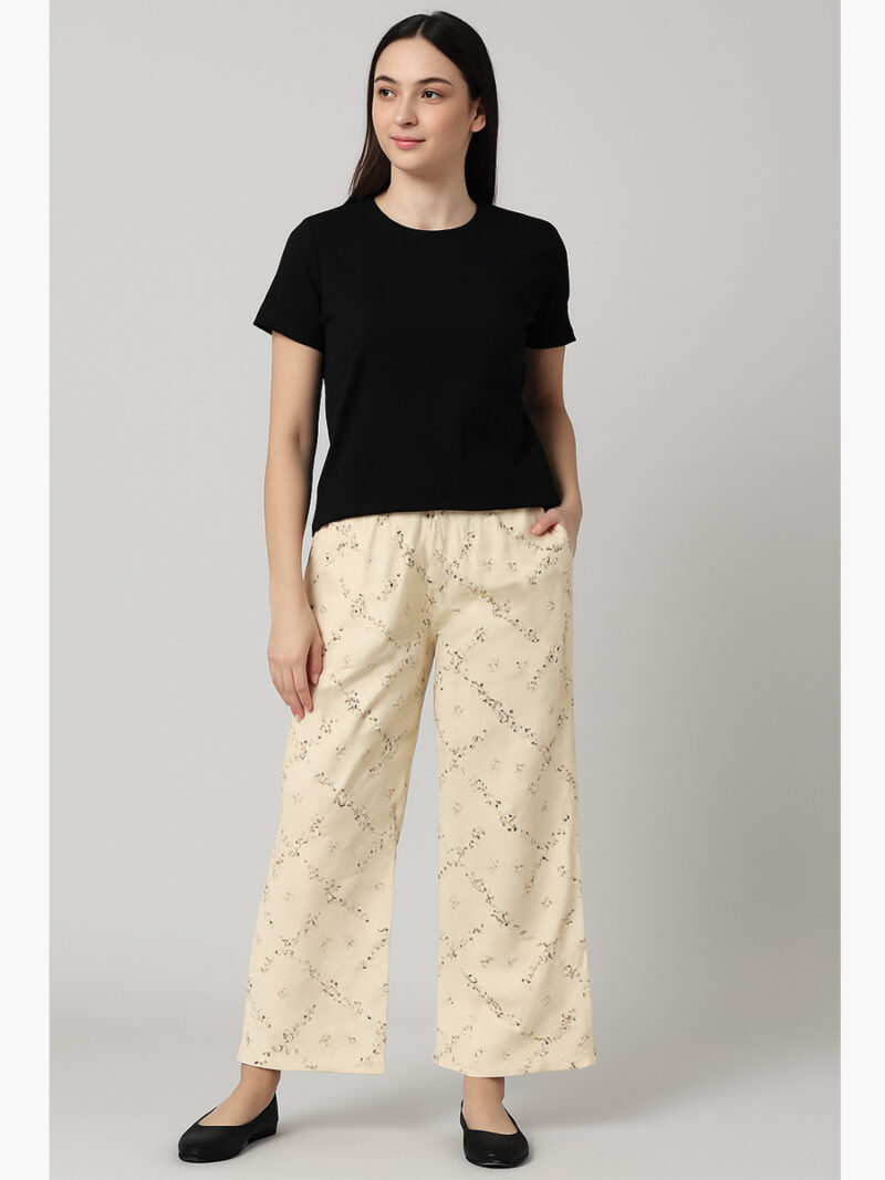 Women's Wide-Leg Cotton Printed Palazzo Pant, Cream