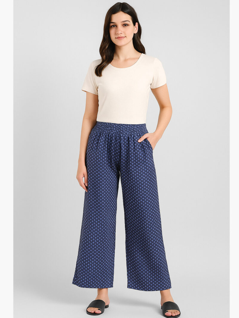 WPZ-WP-01-NB-FZ-03 Women's Wide-Leg Cotton Printed Palazzo Pant, Navy Blue