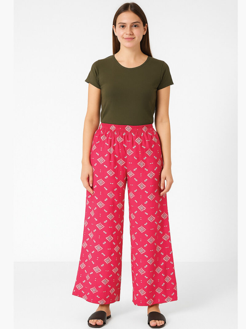 WPZ-WP-01-RBY-FZ-06 Women's Wide-Leg Cotton Printed Palazzo Pant, Raspberry