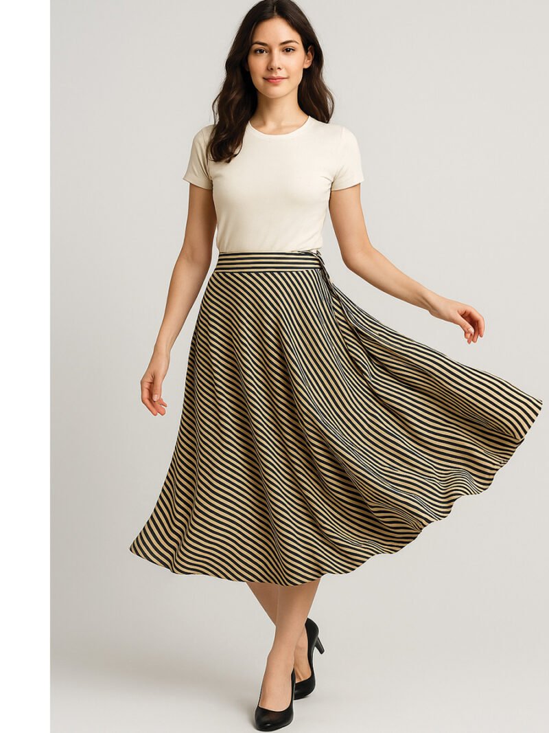 WSK-WP-03-CRM-30-01 Women's Striped Pleated Maxi Skirt, Cream