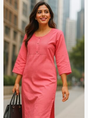 Women's Cotton Straight Kurta with Embroidered Yoke, Blush pink