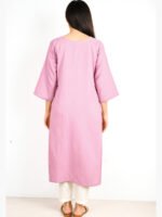 Women's Cotton Straight Kurta with Embroidered Yoke, Dusty Pink