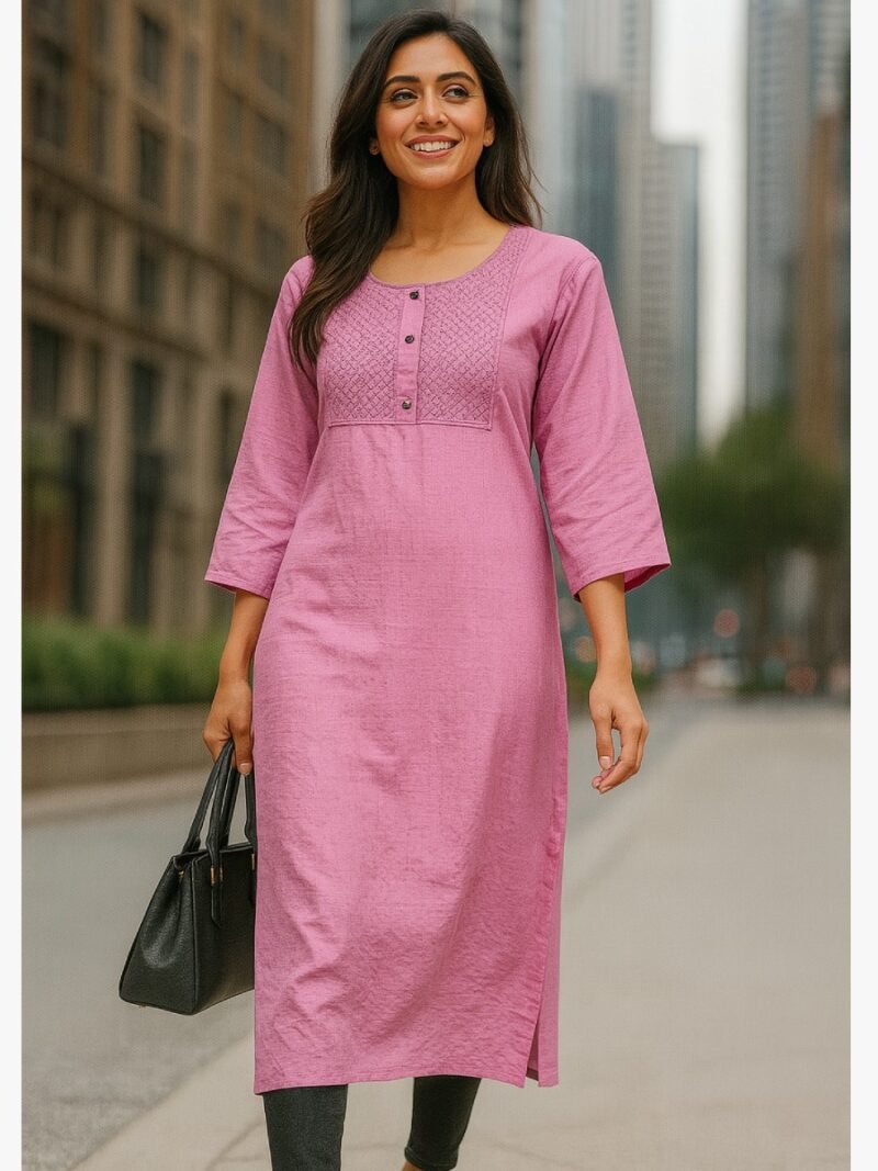 Women's Cotton Straight Kurta with Embroidered Yoke, Dusty Pink