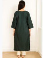 Women's Cotton Straight Kurta with Embroidered Yoke, Green