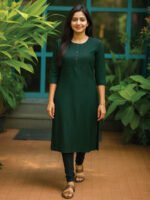 Women's Cotton Straight Kurta with Embroidered Yoke, Green