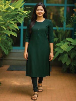 Women's Cotton Straight Kurta with Embroidered Yoke, Green
