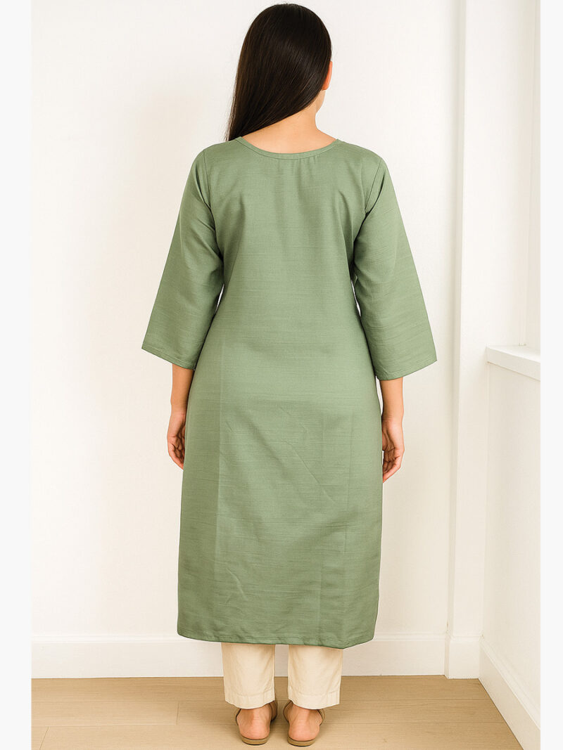 Women's Cotton Straight Kurta with Embroidered Yoke, Olive Green