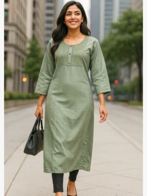 Women's Cotton Straight Kurta with Embroidered Yoke, Olive Green