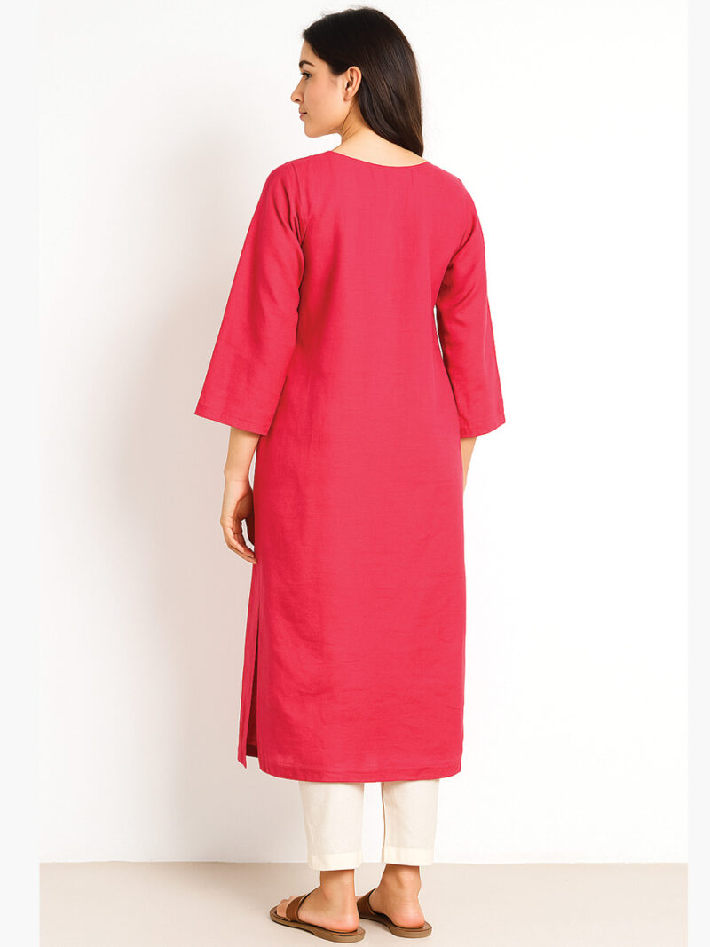 Women's Cotton Straight Kurta with Embroidered Yoke, Raspberry