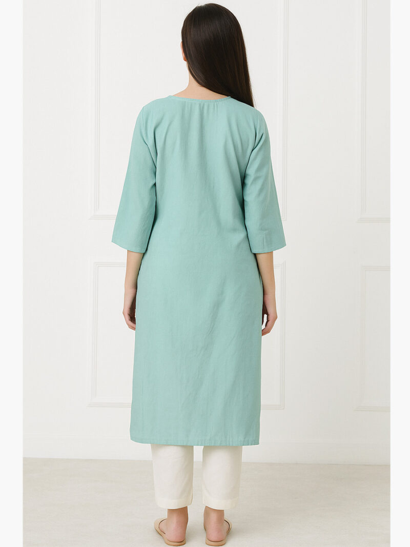Women's Cotton Straight Kurta with Embroidered Yoke, Seafoam Green