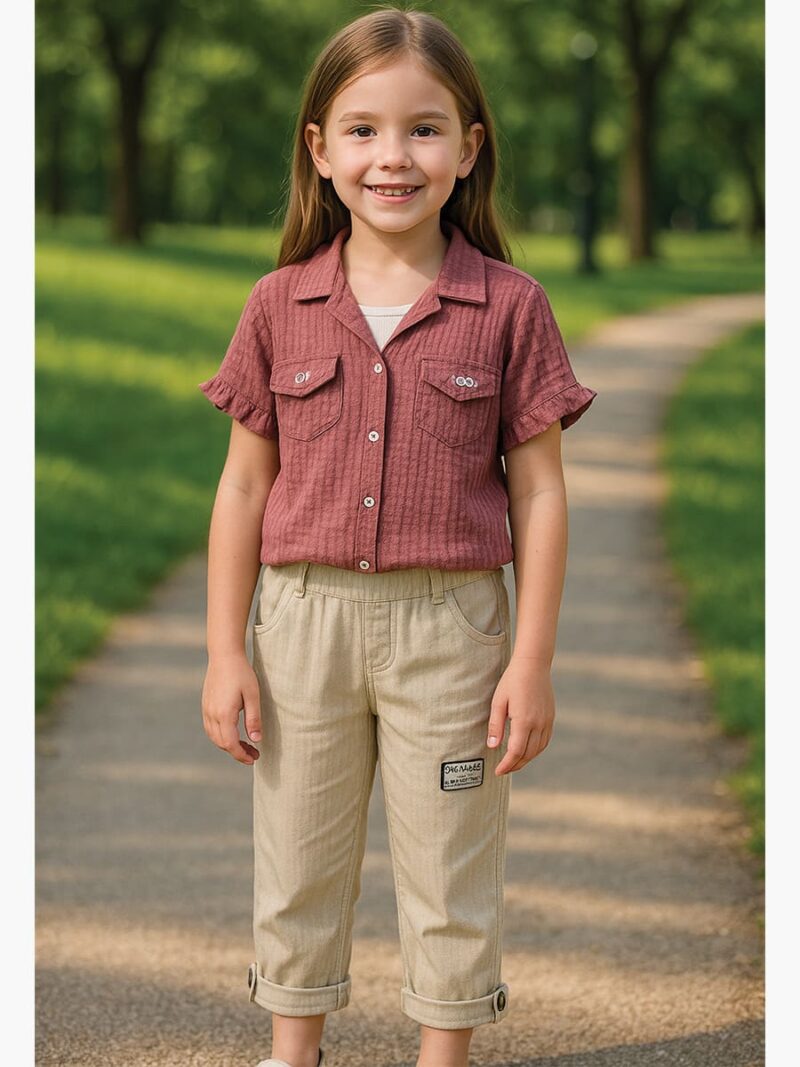 KB-QUEENS-01-TC-XS-S-M-01-T-A Girls Cotton Shirt & Pant Set – Maroon & Beige