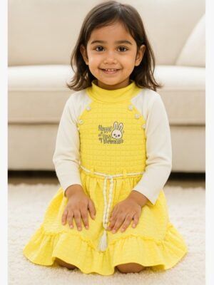 Girls Popcorn Frock with Bunny Embroidery, Yellow