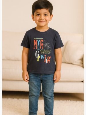 Boys' Cotton Navy Blue Printed T-Shirt