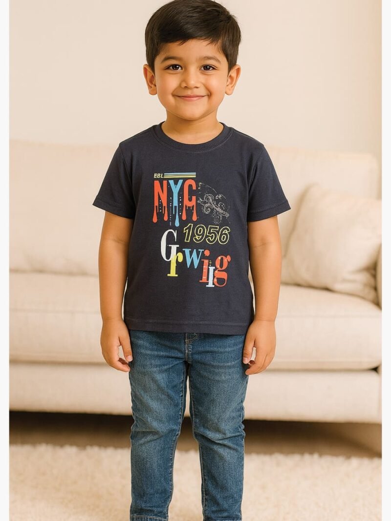 Boys' Cotton Navy Blue Printed T-Shirt