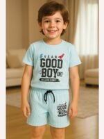 KB-TSHIRT-TINY-01-SB-01-T-F Boys' Popcorn Knit Summer Co-ord Set, Sky Blue