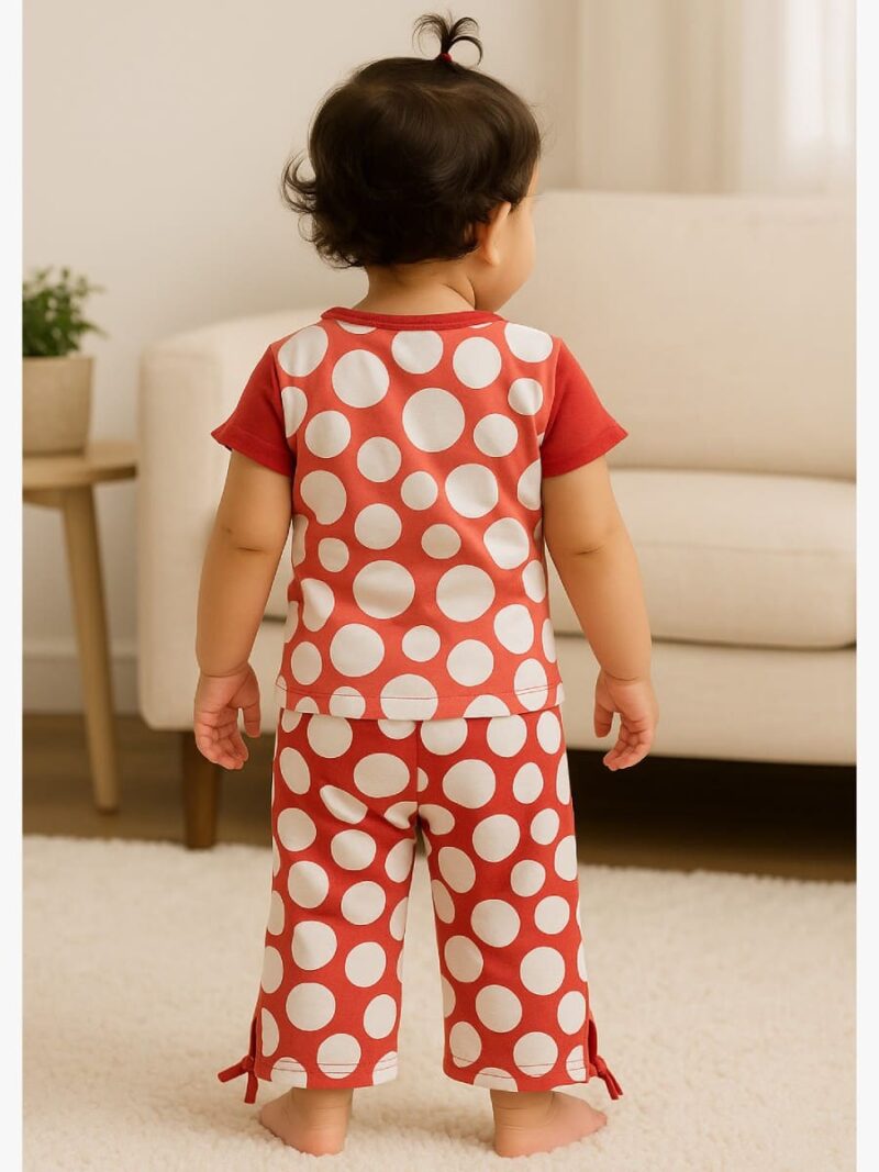 Baby Girls Cotton Night Suit Set, Red Polka