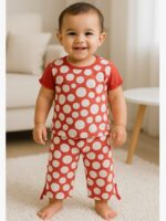 KG-NS-WP-01-RD-S-02-F Baby Girls Cotton Night Suit Set, Red Polka