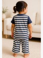 KG-NS-WP-02-NB-S-01-B Baby Girls Cotton Night Suit Set, Navy Blue Stripes