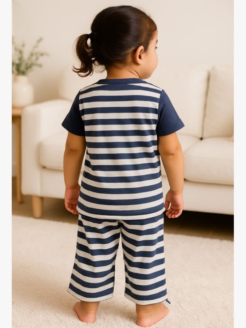 Baby Girls Cotton Night Suit Set, Navy Blue Stripes