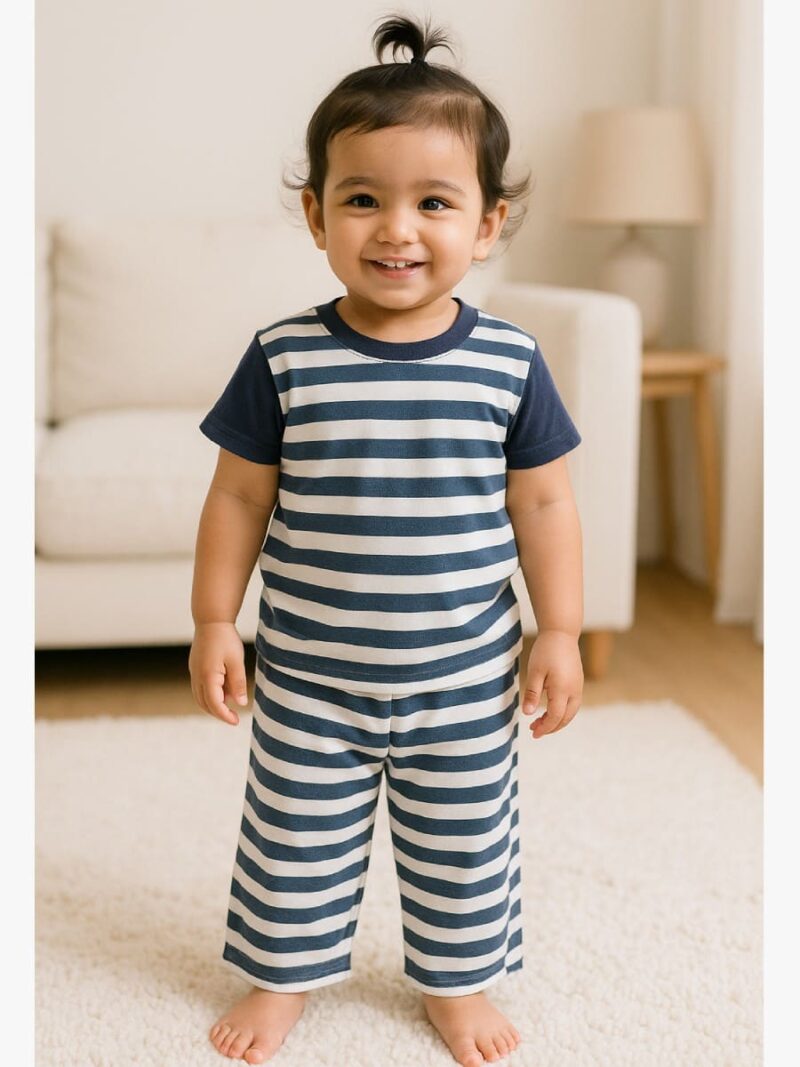 KG-NS-WP-02-NB-S-01-F Baby Girls Cotton Night Suit Set, Navy Blue Stripes
