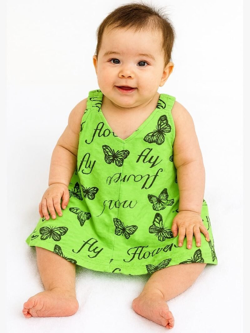 Baby Girls Cotton Frock, Mint Green – Butterfly Print