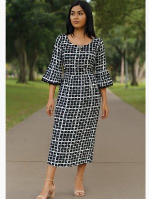 Women's Rayon A-Line Dress in Black White Checks