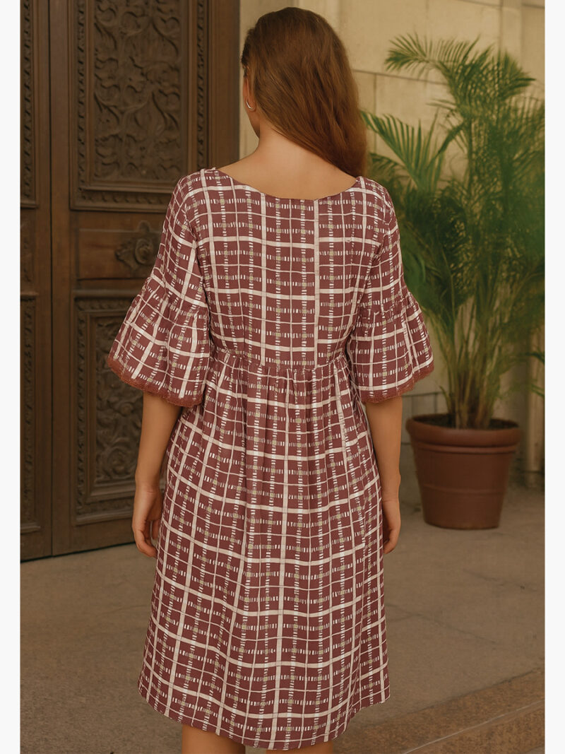 Women's Rayon Checked A-Line Dress - Maroon
