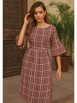 Women's Rayon Checked A-Line Dress - Maroon