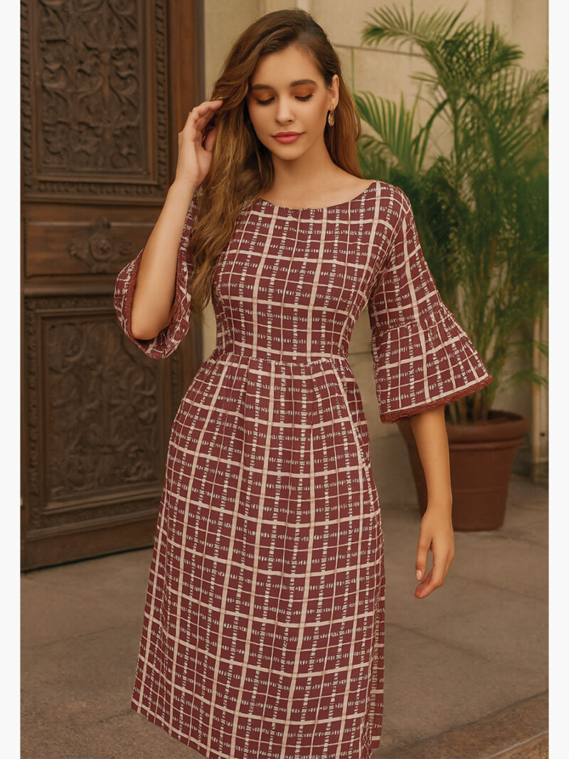 Women's Rayon Checked A-Line Dress - Maroon