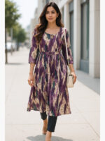 Women's Rayon Belted Flared Kurti - Purple Mix