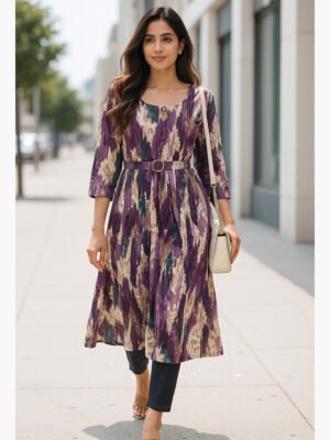 Women's Rayon Belted Flared Kurti - Purple Mix