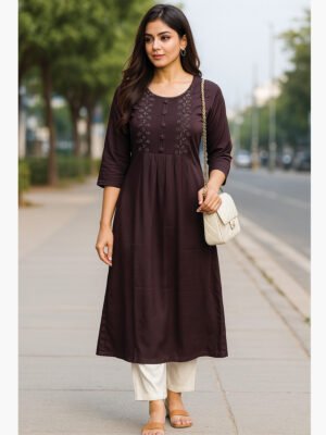 Women's Satin Silk A-Line Kurti, Dark Maroon