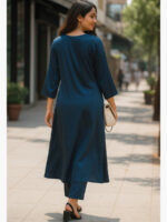 WTOP-EIS-01-TL-3XL-02-B Women's Satin Silk A-Line Kurti, Navy Blue