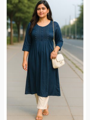 Women's Satin Silk A-Line Kurti, Navy Blue