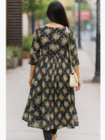 Women's Rayon Floral Flared Kurti - Black Beige