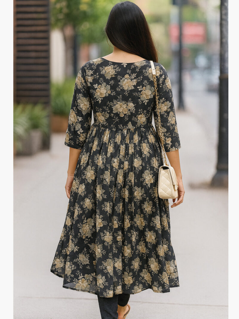 Women's Rayon Floral Flared Kurti - Black Beige