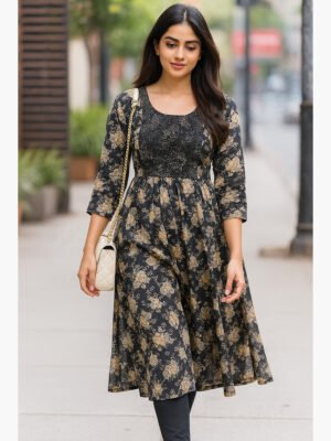 Women's Rayon Floral Flared Kurti - Black Beige