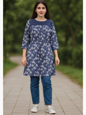 Women's Polyester A-Line Kurti in Navy Blue