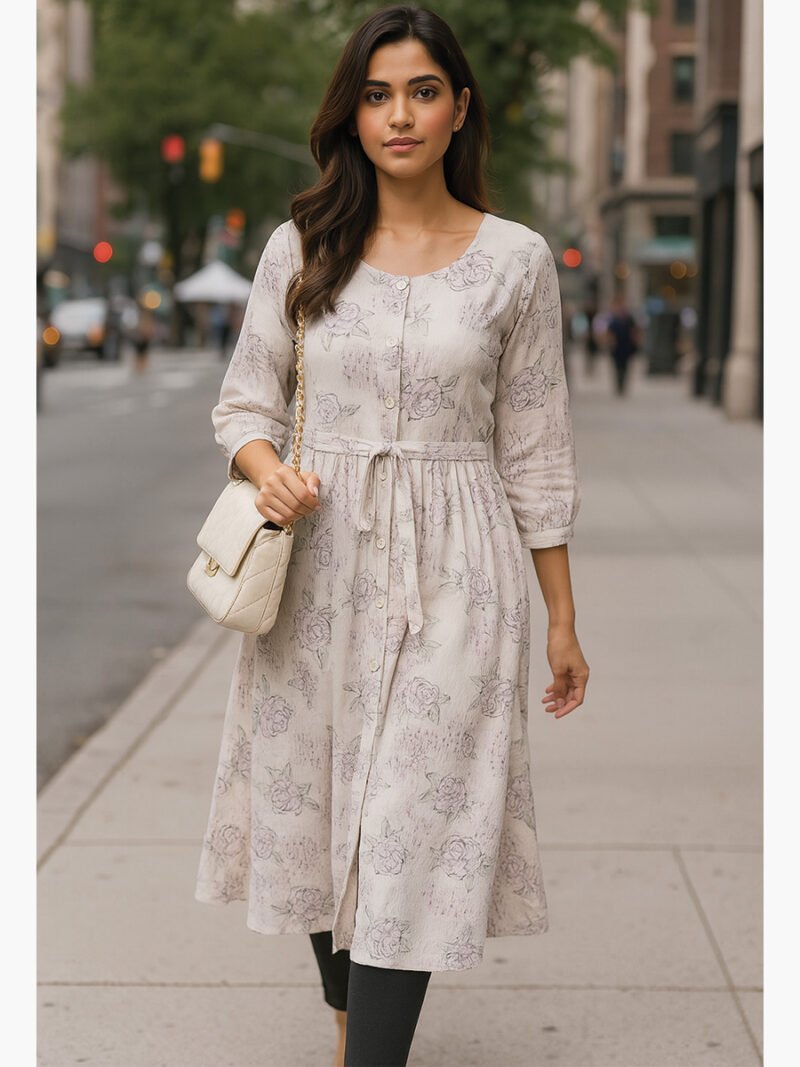 Women's Popcorn A-Line Dress in Soft White Floral