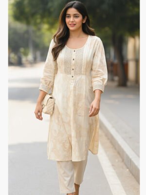 Women's Georgette Straight Kurti, Cream Beige
