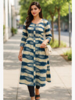 WTOP-SUN-01-SB-XL-O1-F Women's Georgette Front Slit Kurti Dress - Blue Beige