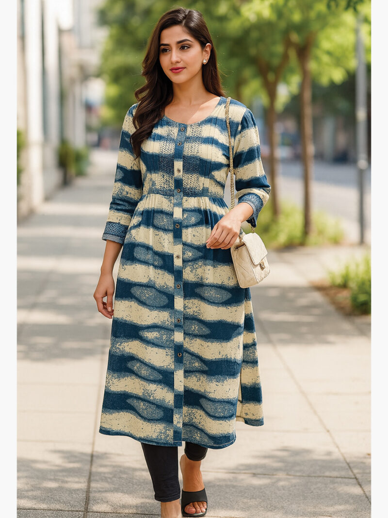 WTOP-SUN-01-SB-XL-O1-F Women's Georgette Front Slit Kurti Dress - Blue Beige